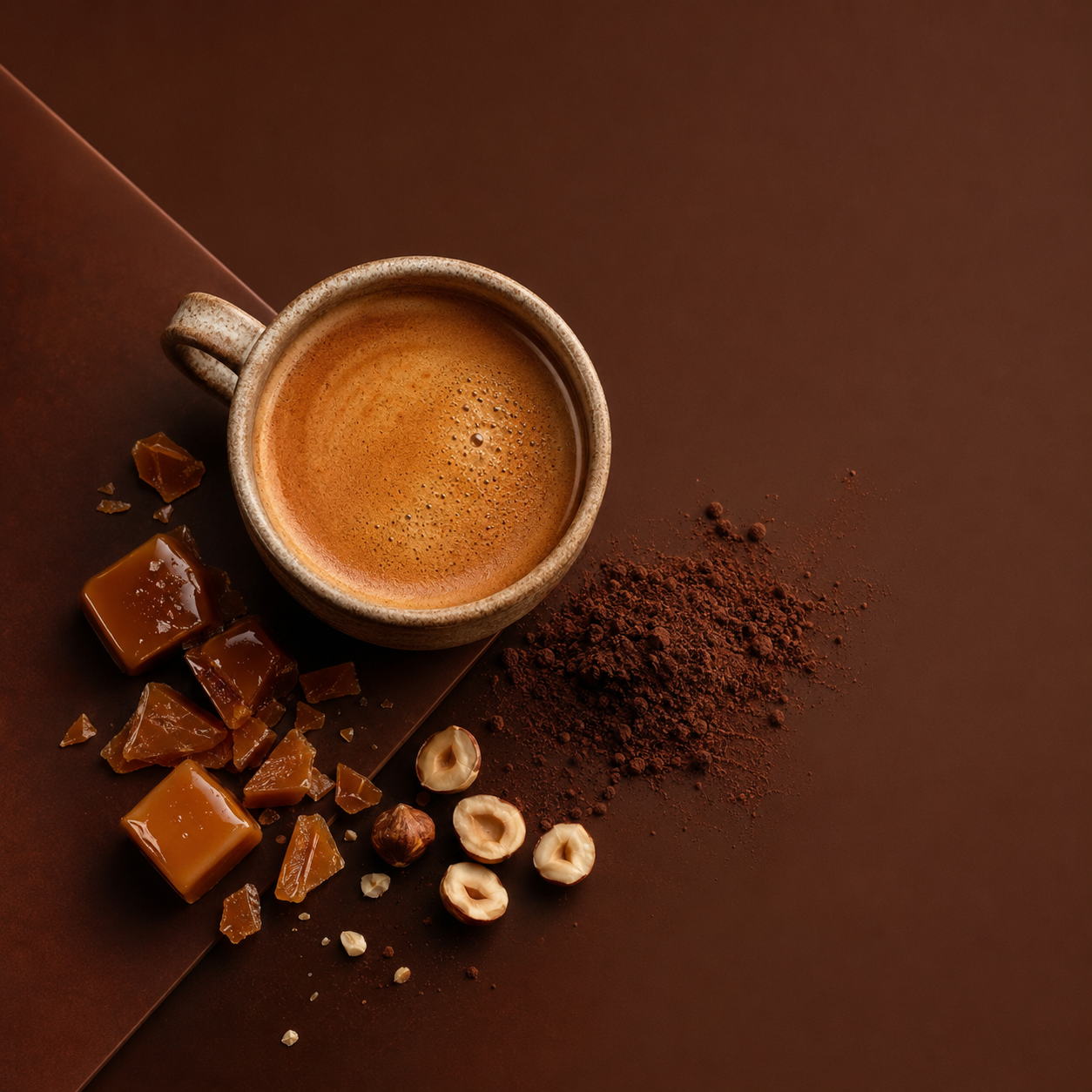 Espresso in a speckled cup on a rich brown surface with caramel pieces, hazelnuts and cocoa powder
