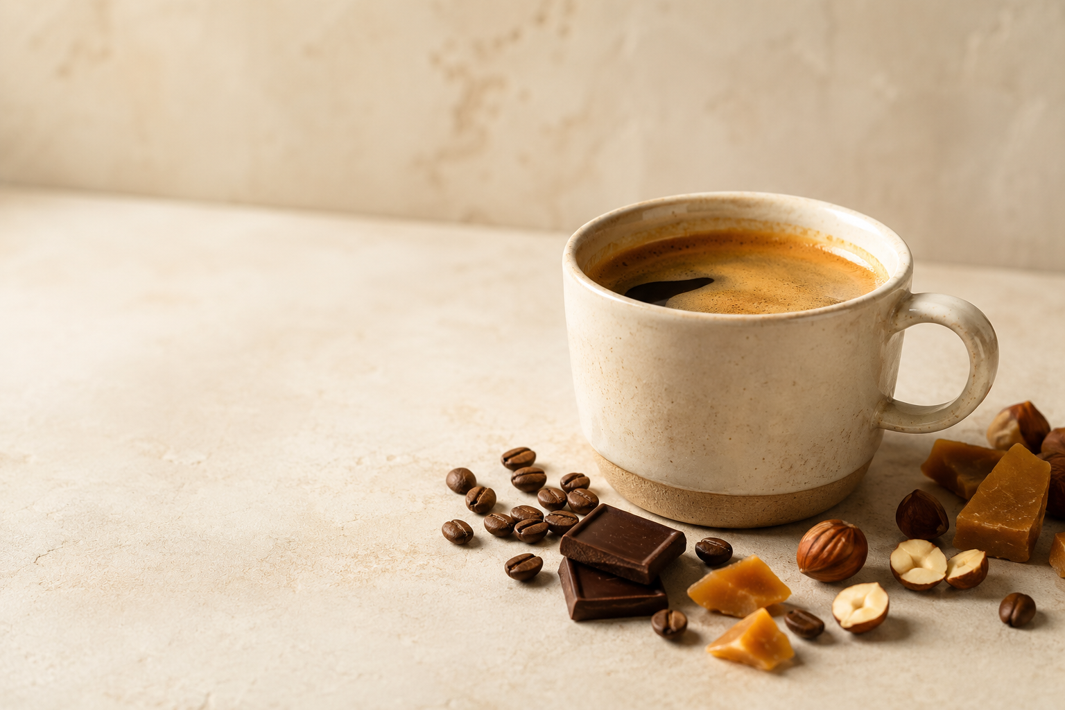 A cream stoneware cup of coffee on a light stone surface with coffee beans, dark chocolate, toffee and hazelnuts