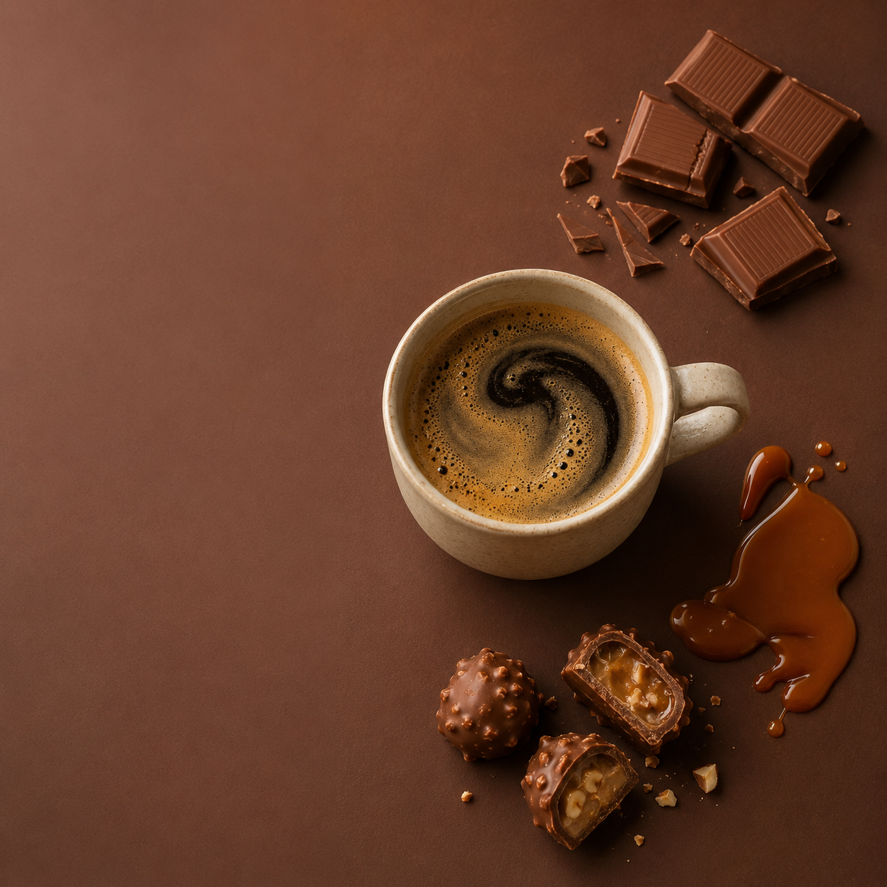 A cup of coffee on a brown surface with milk chocolate squares, chocolate hazelnut pralines and a pool of caramel