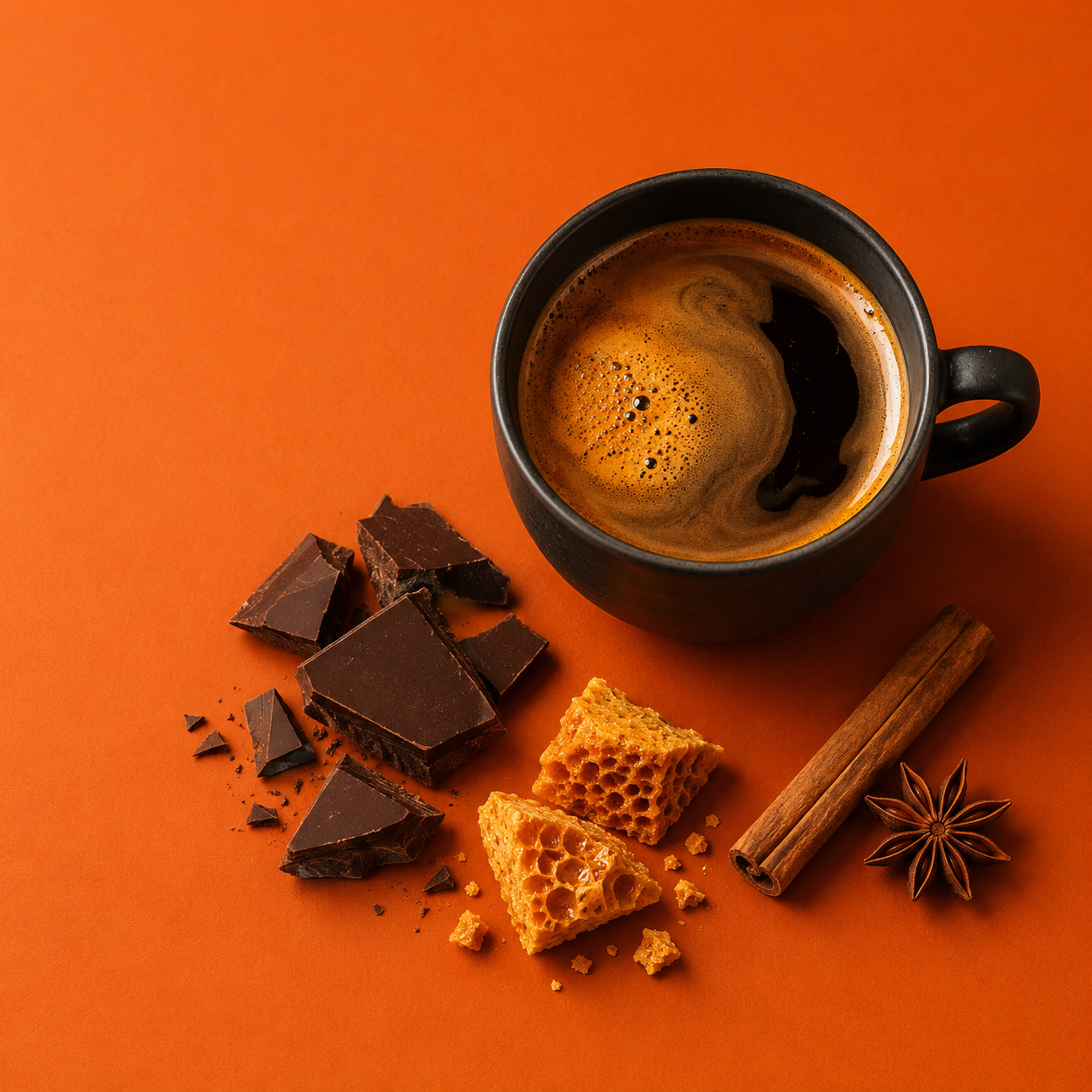 Espresso in a black cup on a bright orange surface with dark chocolate, honeycomb toffee, a cinnamon stick and star anise