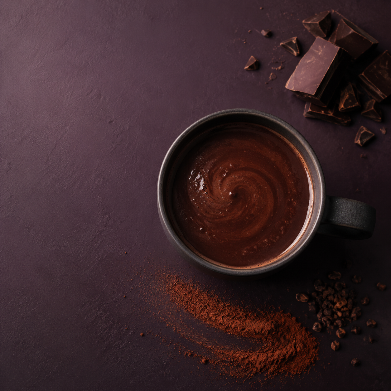 Dark hot chocolate in a cup on a deep plum surface with dark chocolate pieces and a dusting of cocoa powder