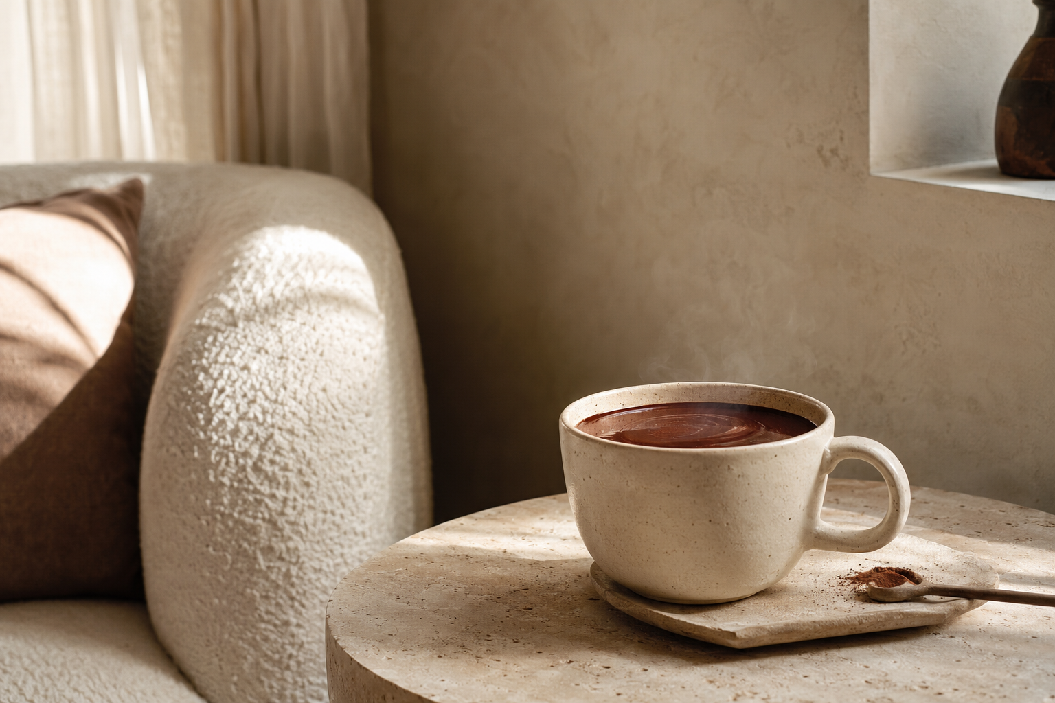 A cup of hot chocolate on a saucer beside a ceramic vase in soft, warm natural light