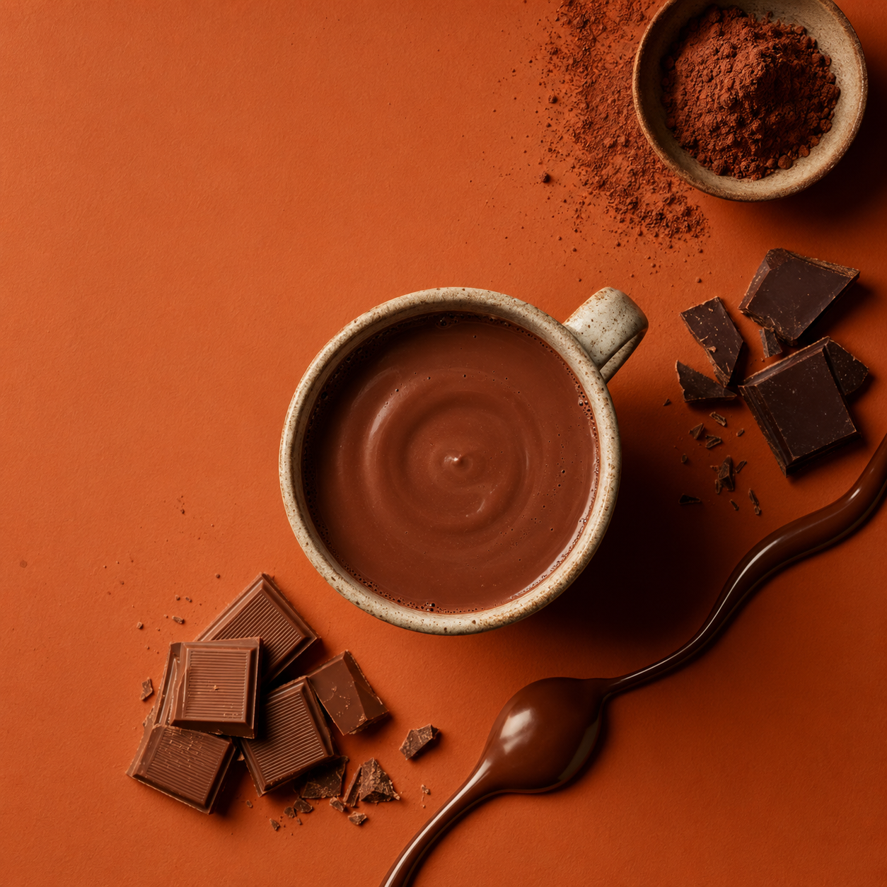 Hot chocolate in a cream cup on a terracotta surface with chocolate pieces, a spoon and a bowl of cocoa powder