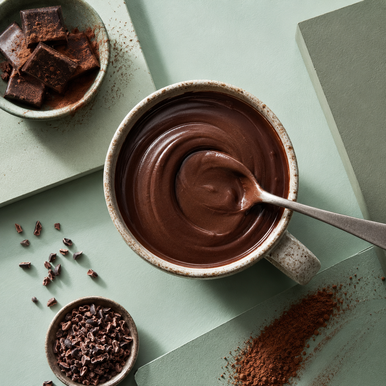 Thick hot chocolate being stirred with a spoon on a sage green surface with chocolate shards and cacao nibs