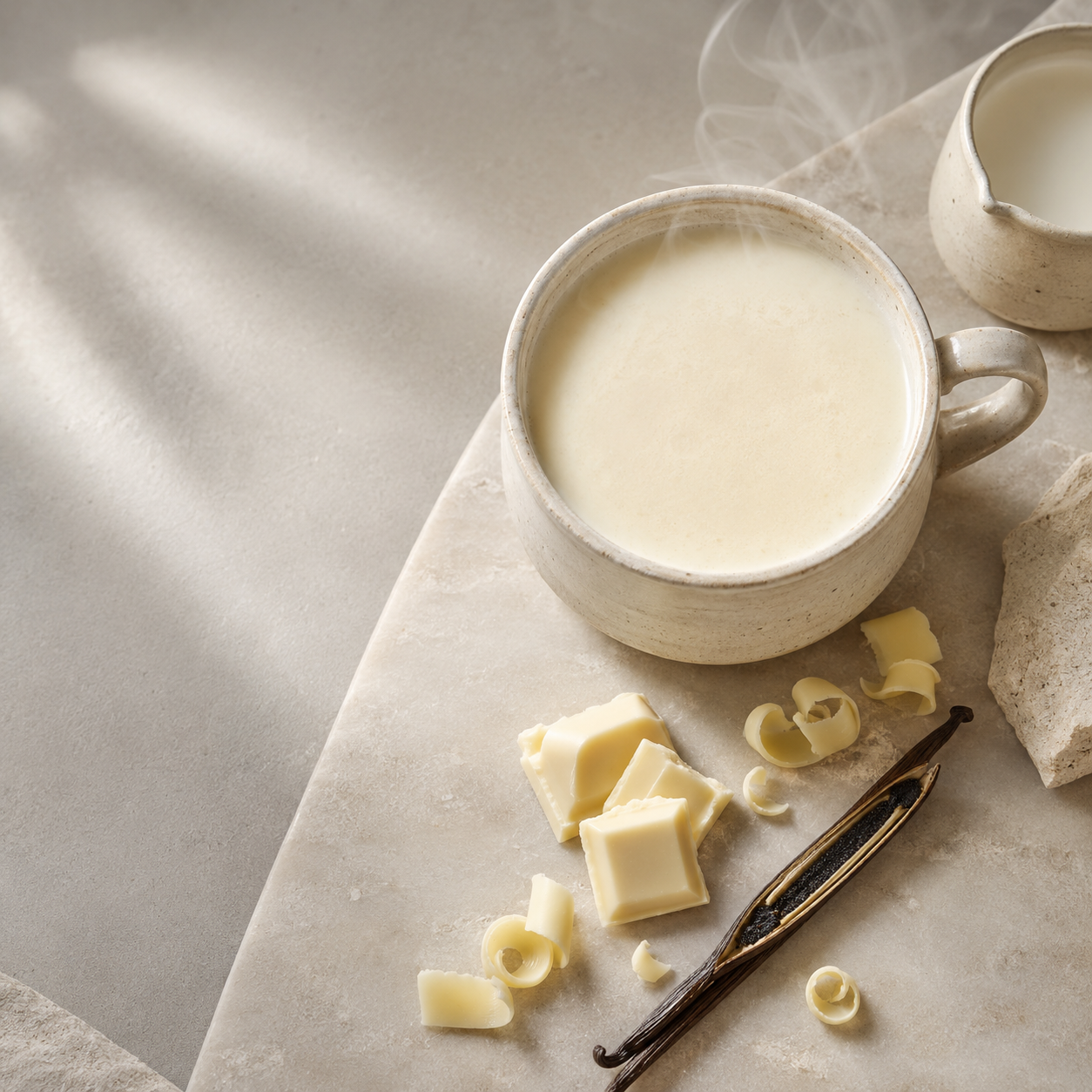 Creamy white hot chocolate in a ceramic cup on light linen with white chocolate pieces and a vanilla pod